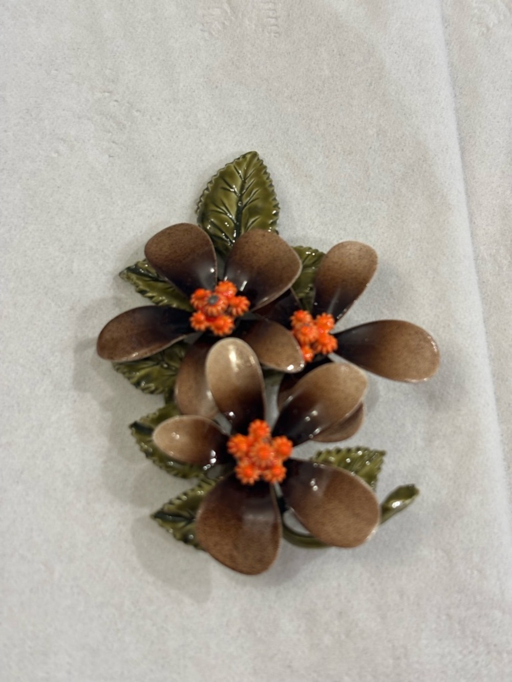Vintage Brown Floral Brooch with Orange Centers